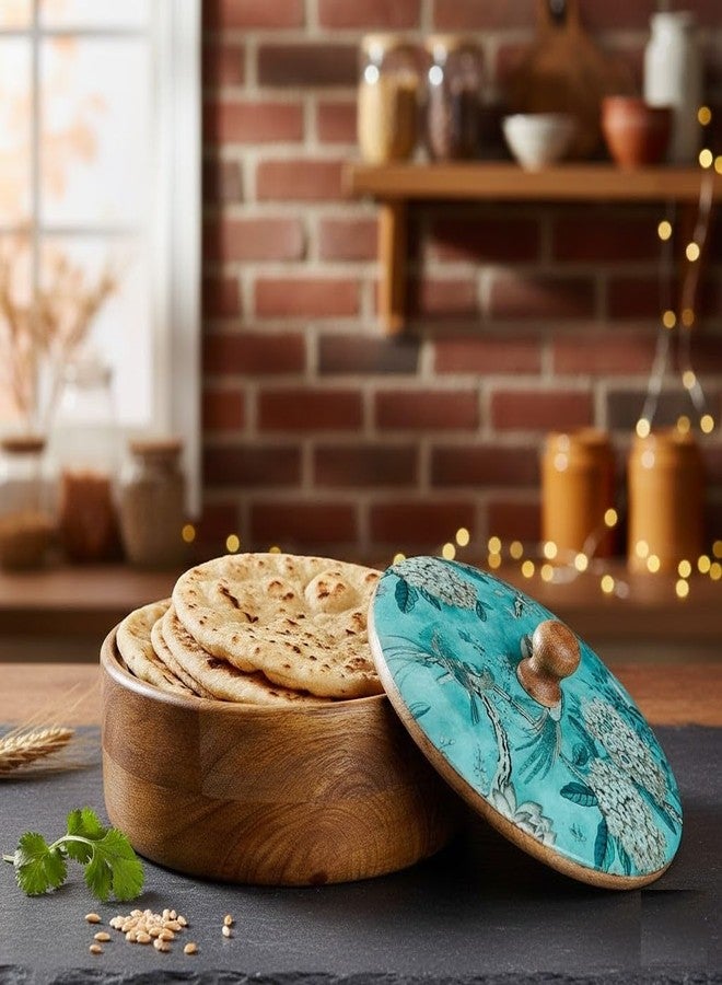 Saaga Mango Wood Chapati Box with Lid | 8 Inch Food-Grade Lacquered | Round Roti Casserole Hot Pot for Kitchen & Table Serving - Marine Blue - Image 2